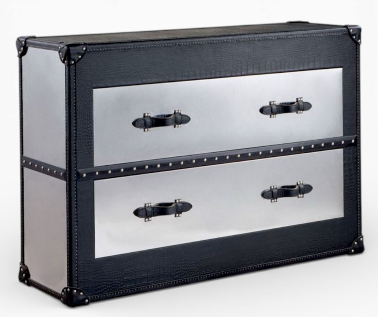 Luxury Trunk Dresser Campaign Chest Leather & Brushed Metal