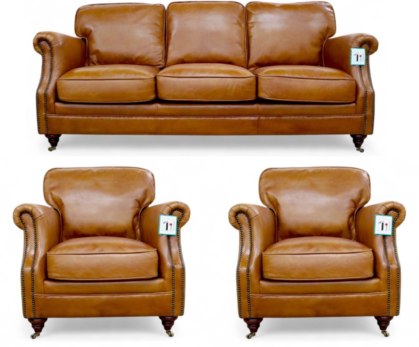 Luxury Vintage 3+1+1 Seater Settee Sofa Suite Distressed Tan Real Leather