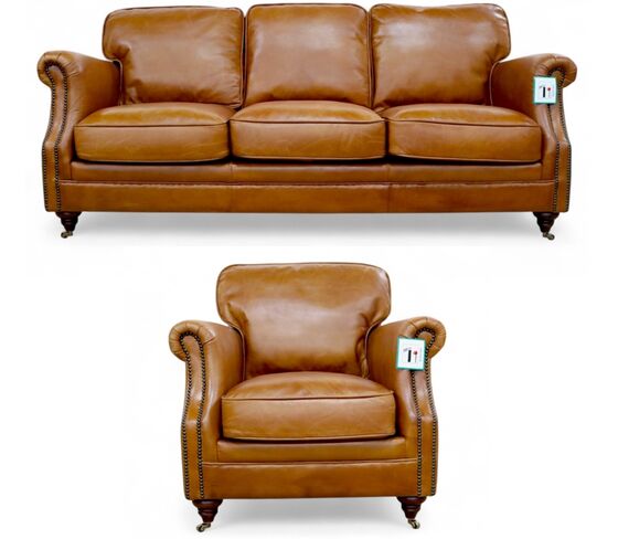 Luxury Vintage 3+1 Seater Settee Sofa Suite Distressed Tan Real Leather
