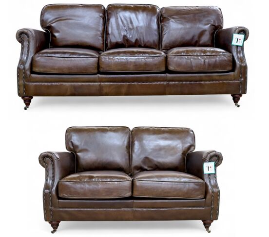 Luxury Vintage 3+2 Seater Settee Sofa Suite Distressed Brown Real Leather