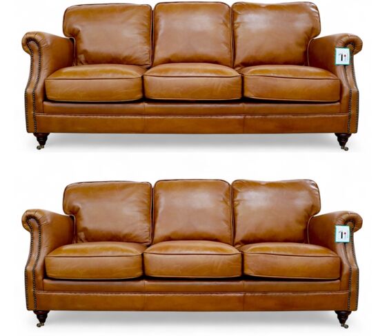Luxury Vintage 3+3 Seater Settee Sofa Suite Distressed Tan Real Leather