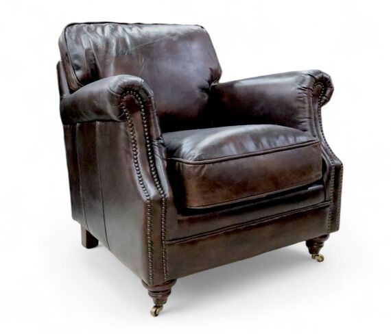 Luxury Vintage Brown Tobacco Distressed Real Leather Armchair