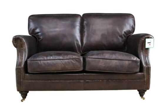 Luxury Vintage Distressed Leather 2 Seater Settee Sofa Tobacco Brown