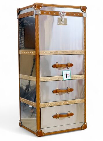 Luxury Vintage Style Metal & Leather Trunk Cabinet – 3 Drawer Chest
