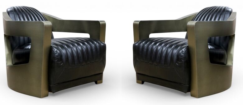 Man Cave Aviator Antique Brass Luxury Vintage Black Leather Armchairs