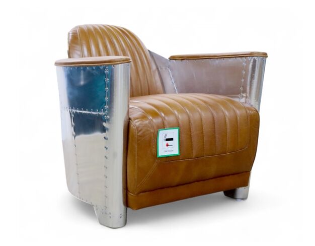 Man Cave Aviator Aviation Rocket Tub Chair Vintage Tan Real Leather