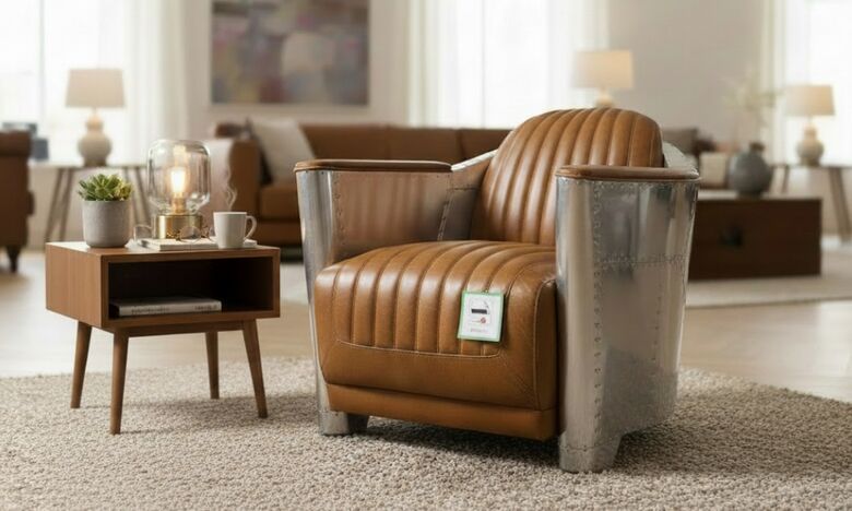 Man Cave Aviator Aviation Rocket Tub Chair Vintage Tan Real Leather