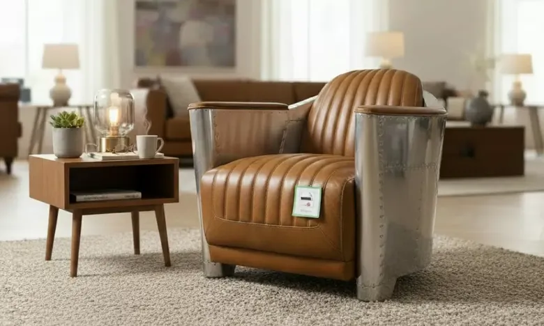 Man Cave Aviator Aviation Rocket Tub Chair Vintage Tan Real Leather