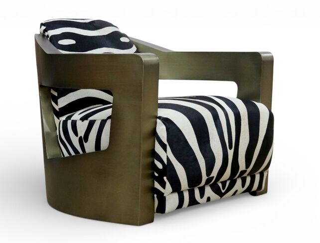 Man Cave Aviator Luxury Zebra Hide Leather Lounge Armchair Brushed Antique Brass Aluminium
