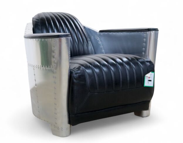 Man Cave Aviator Vintage Rocket Tub Chair Distressed Black Real Leather