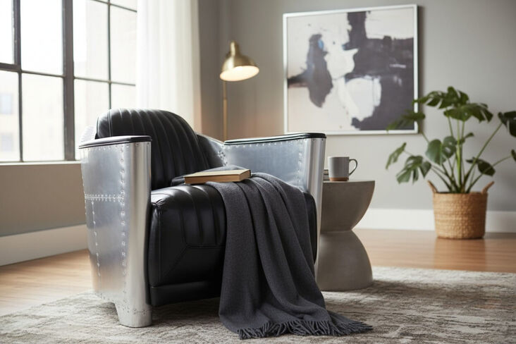 Man Cave Aviator Vintage Rocket Tub Chair Distressed Black Real Leather