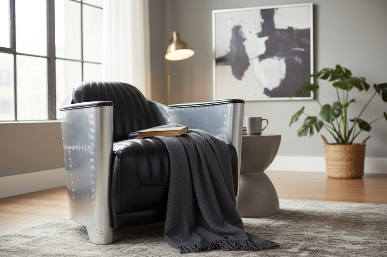 Man Cave Aviator Vintage Rocket Tub Chair Distressed Black Real Leather