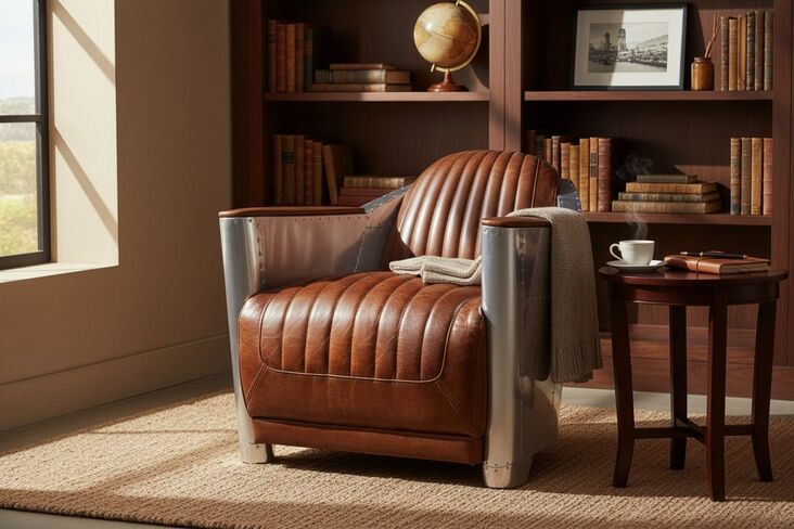 Man Cave Aviator Vintage Rocket Tub Chair Distressed Brown Real Leather
