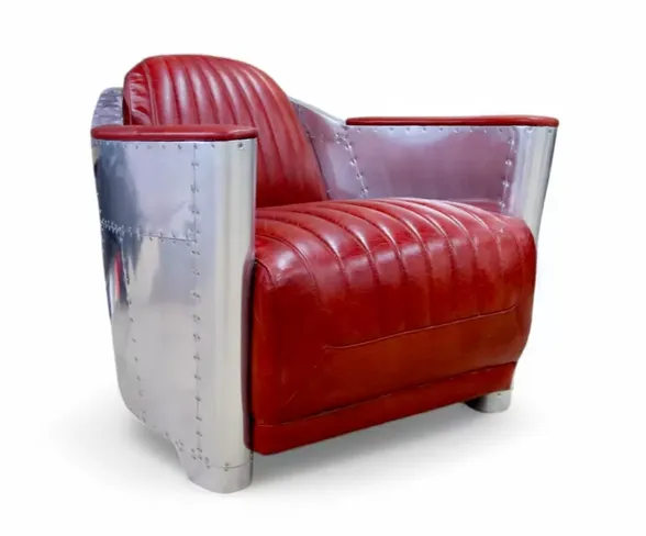 Man Cave Aviator Vintage Rocket Tub Chair Distressed Rouge Red Real Leather