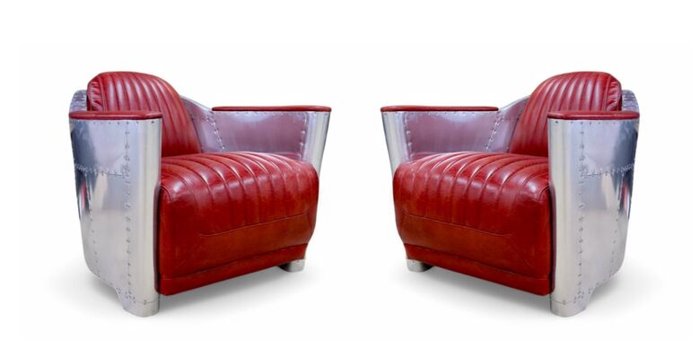 2 x Man Cave Aviator Vintage Rocket Tub Chairs Distressed Rouge Red Real Leather