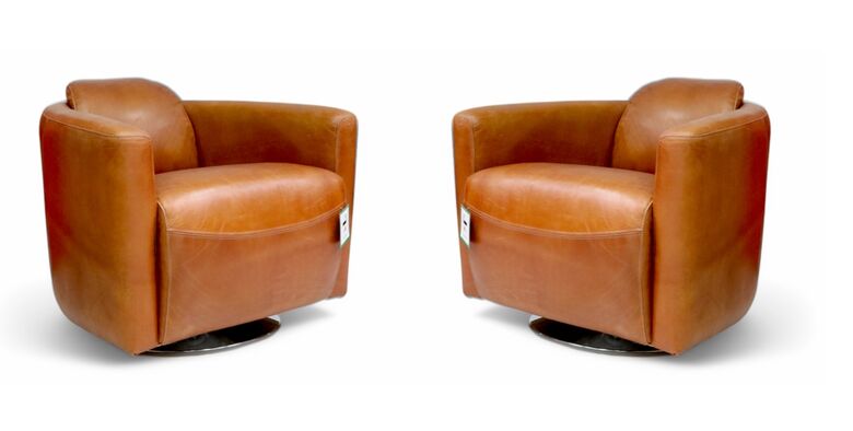 2 x Marlborough Swivel Vintage Tan Distressed Leather Tub Chairs
