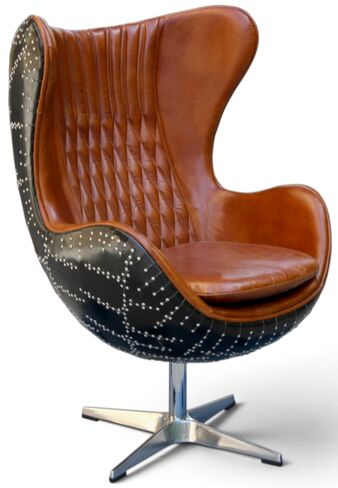 Modern Aviator Egg Chair – Brown Leather & Studded Black Exterior | Stylish Accent Seating