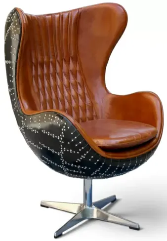 Modern Aviator Egg Chair – Brown Leather & Studded Black Exterior | Stylish Accent Seating