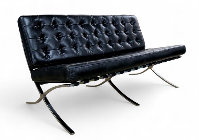 Modern Barcelona Style Leather 2 Seater – Black with Chrome Frame