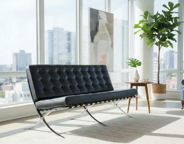 Modern Barcelona Style Leather 2 Seater – Black with Chrome Frame