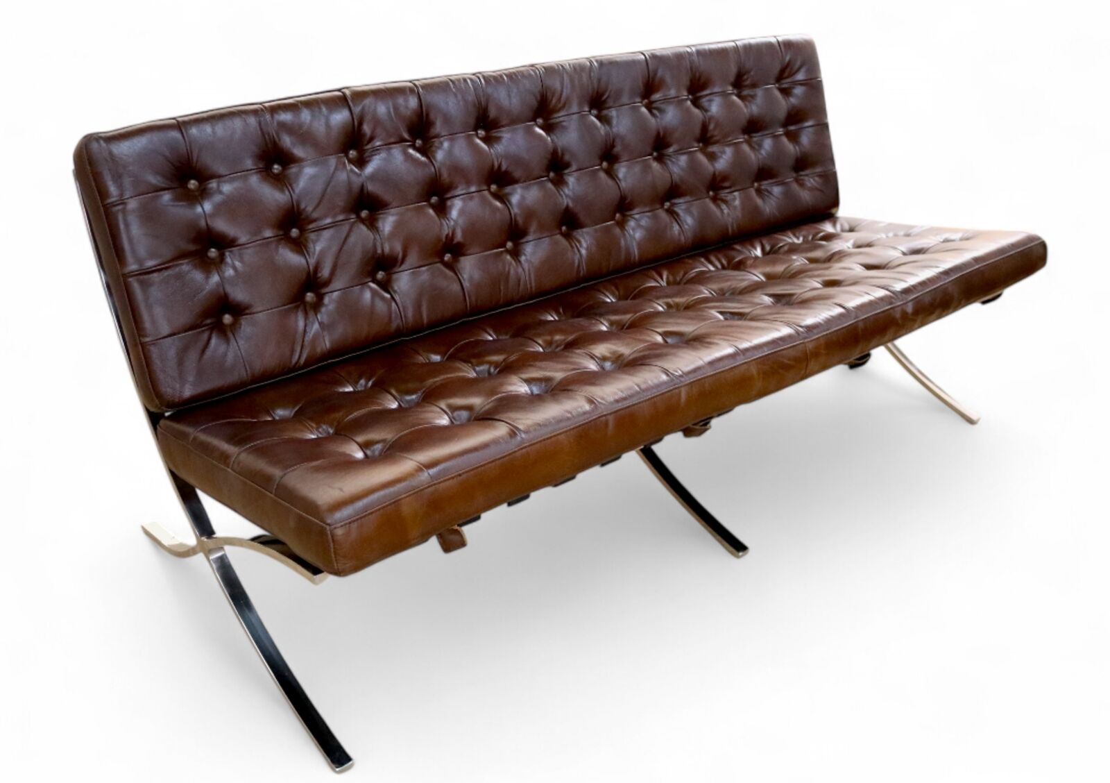 Modern Barcelona Style Leather 3 Seater Brown with Chrome Frame