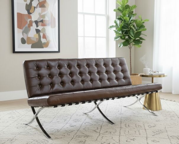 Modern Barcelona Style Leather 3 Seater – Brown with Chrome Frame
