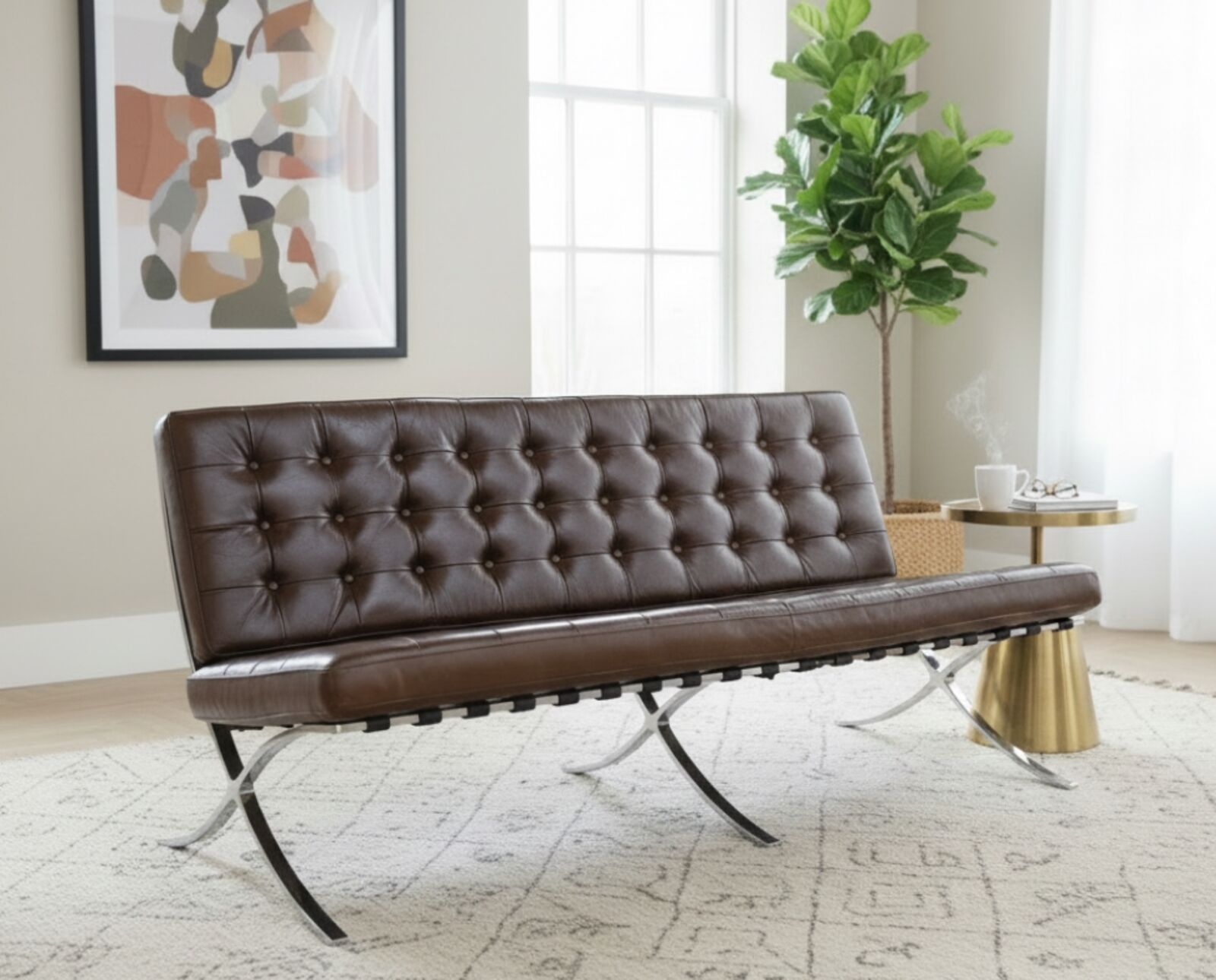 Modern Barcelona Style Leather 3 Seater Brown with Chrome Frame