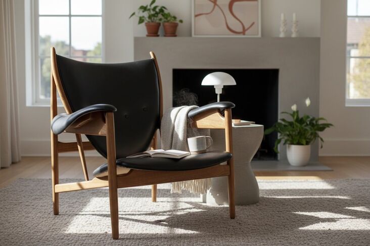 Modern Chieftain Inspired Solid Wood Lounge Chair with Black Leather Upholstery