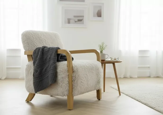 Modern Faux Sheepskin Chair Armchair with Solid Wood Frame
