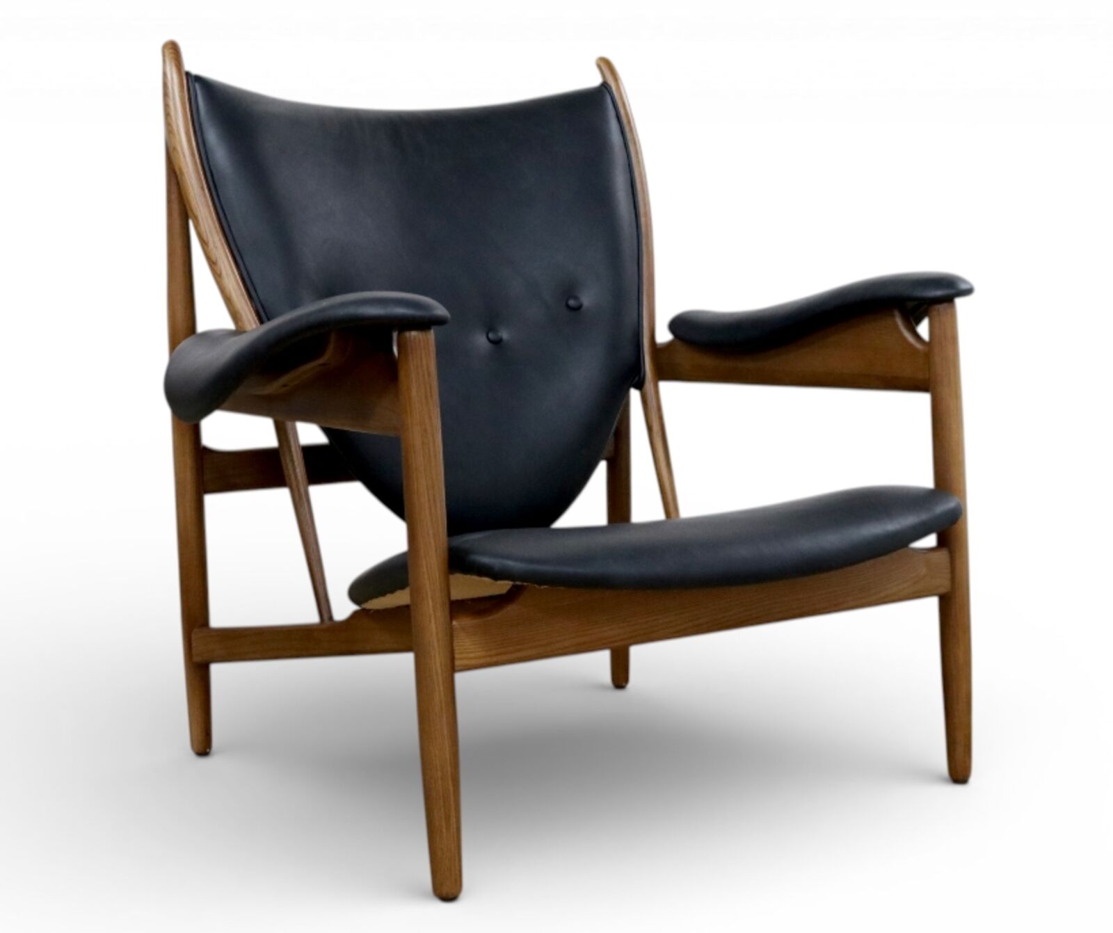 Modern Solid Wood Lounge Chair with Black Leather Upholstery