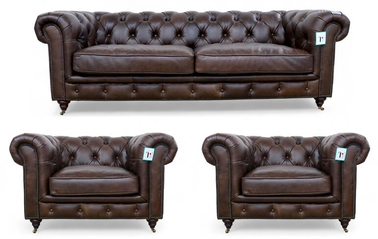 Noble Chesterfield 3+1+1 Umbar Brown Leather Sofa Suite