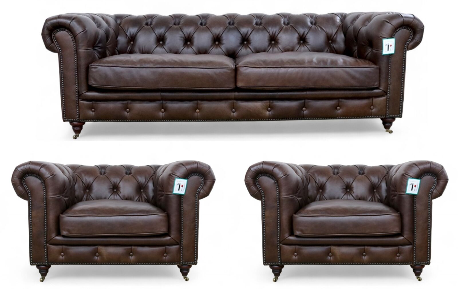 Noble Chesterfield 3+1+1 Umbar Brown Leather Sofa Suite