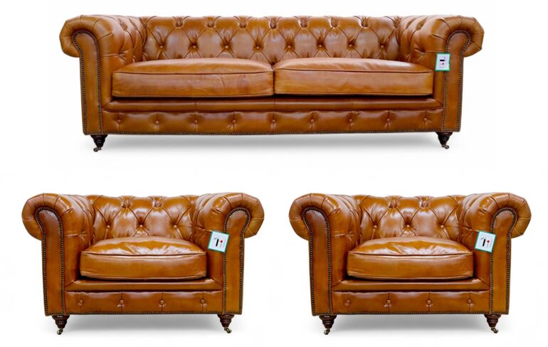 Noble Chesterfield 3+1+1 Vintage Tan Leather Sofa Suite