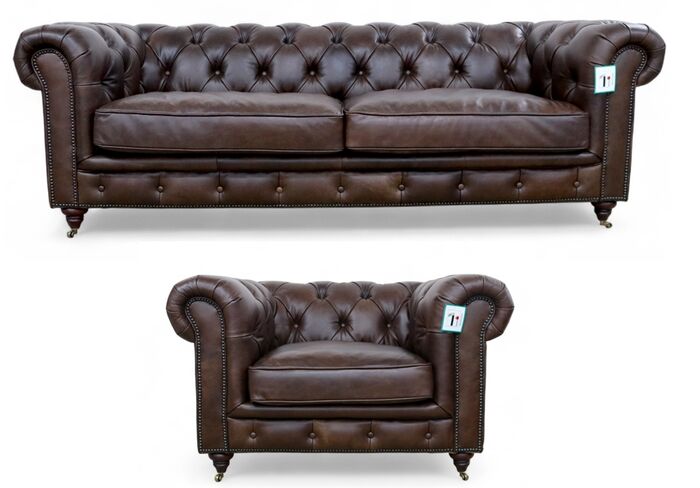 Noble Chesterfield 3+1 Umbar Brown Leather Sofa Suite
