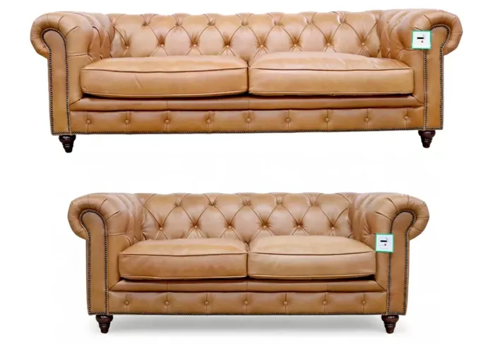 Noble Chesterfield 3+2 Vintage Nappa Caramel Tan Real Leather Sofa Suite
