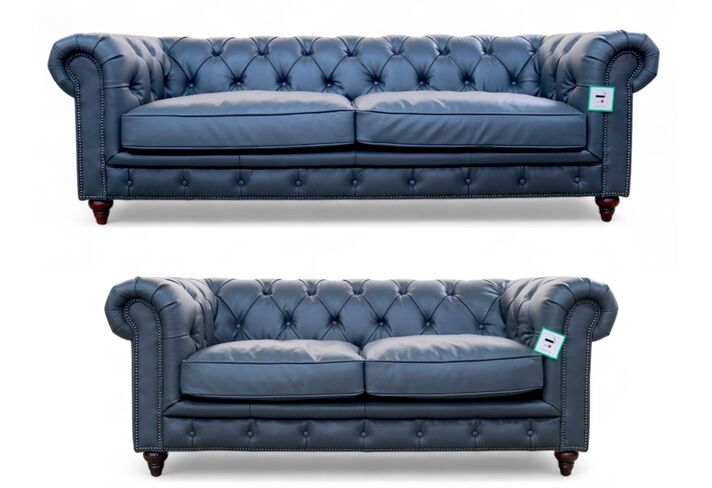 Noble Chesterfield 3+2 Vintage Nappa Grey Real Leather Sofa Suite