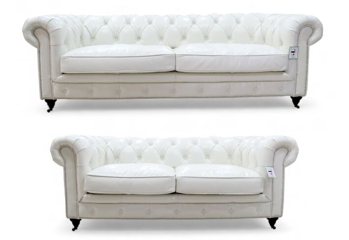 Noble Chesterfield 3+2 Vintage Nappa White Real Leather Sofa Suite