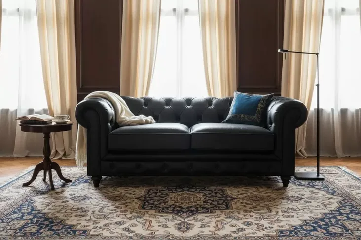 Noble Chesterfield Black Leather Sofa 2 Seater