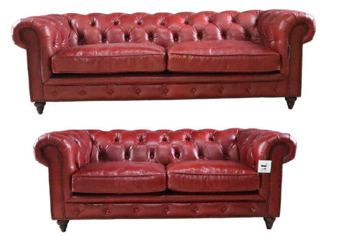 Noble Chesterfield Vintage 3+2 Distressed Rouge Red Real Leather Sofa Suite
