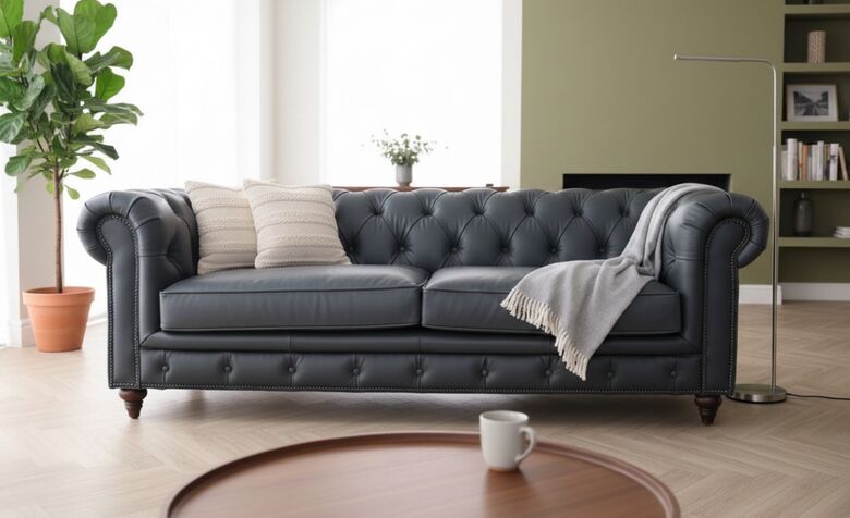 Noble Grande Chesterfield 3 Seater Nappa Grey Real Leather Sofa