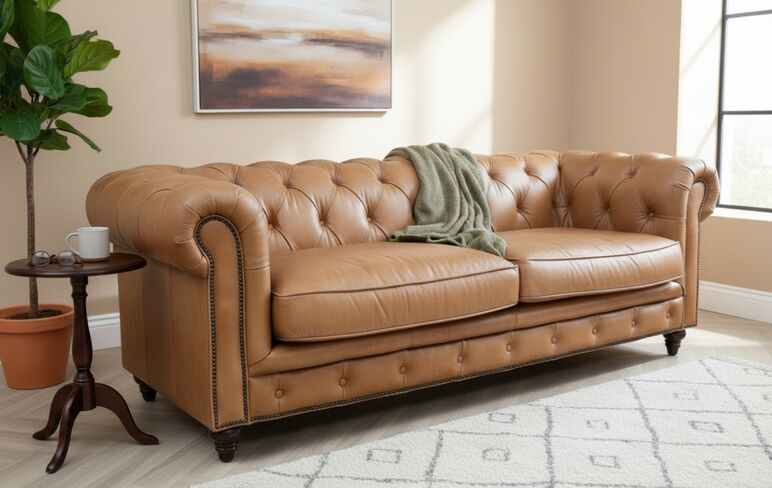 Noble Grande Chesterfield Vintage 3 Seater Nappa Caramel Tan Real Leather Sofa