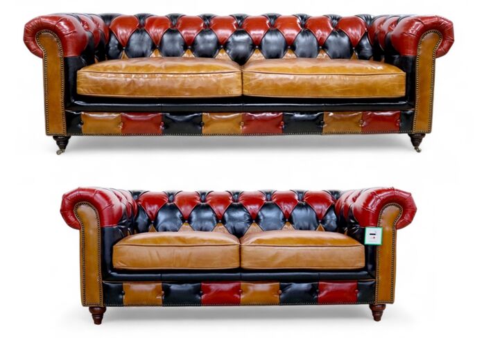 Noble Patchwork Chesterfield 3+2 Sofa Suite Vintage Real Leather