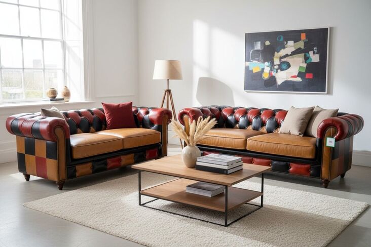Noble Patchwork Chesterfield 3+2 Sofa Suite Vintage Real Leather