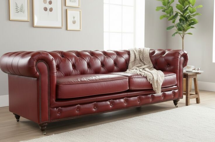 Noble Vintage Distressed Rouge Red Real Leather Chesterfield 3 Seater Sofa