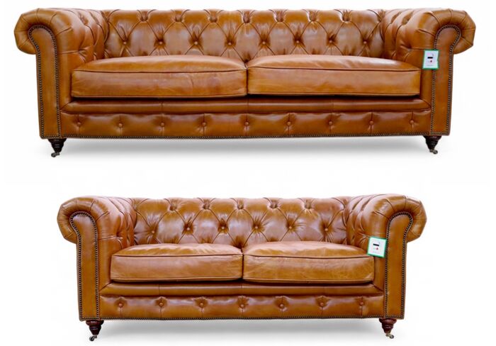 Noble Vintage Distressed Tan Real Leather Chesterfield 3+2 Seater Sofa Suite