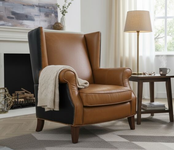 Oberon Leather Wingback Armchair Black And Apricot Tan | High-Back Leather Chair