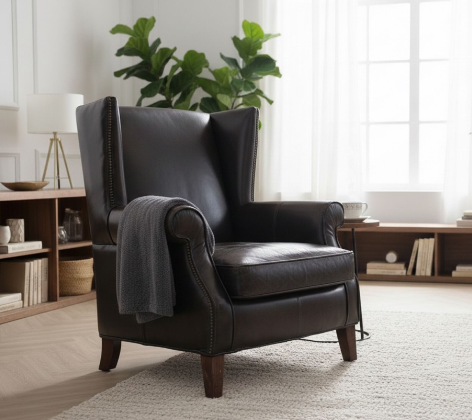 Oberon Vintage High-Back Distressed Leather Armchair Tobacco Brown