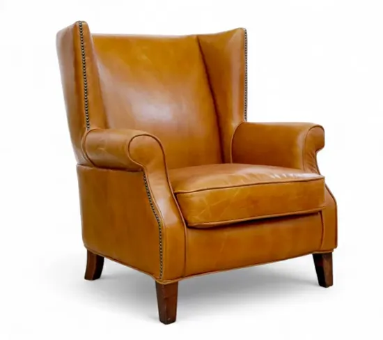 Oberon Vintage Tan Leather Wingback Armchair | High-Back Distressed Leather Chair