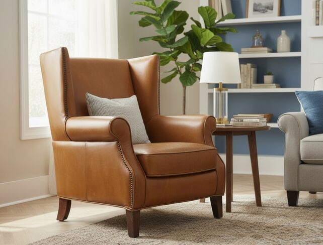 Oberon Vintage Tan Leather Wingback Armchair | High-Back Distressed Leather Chair