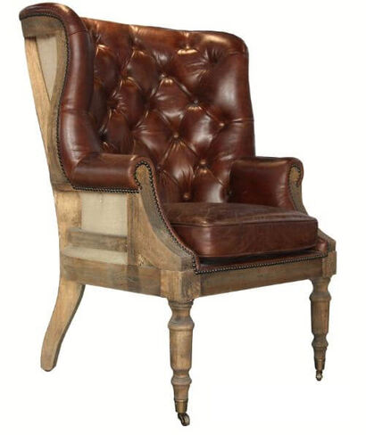 Open Back Deconstructed Distressed Leather Wing Chair